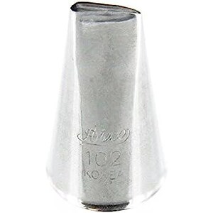 May include: A stainless steel Ateco 102 piping tip. The tip is cone-shaped with a narrow opening and is marked with the brand name and "102 KOREA". This decorating tool is used for creating detailed designs on cakes and pastries.