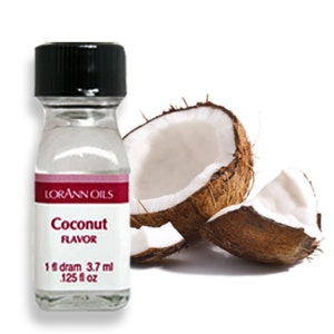 May include: A clear glass bottle of LorAnn Oils Coconut Flavor with a black cap, next to a halved coconut. The label reads "Coconut Flavor" and indicates 1 fl dram, 3.7 ml, and .125 fl oz.