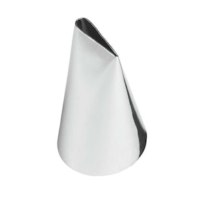 May include: A stainless steel pastry tip with a slanted, open design. The cone-shaped tip is silver and reflects light, ideal for creating decorative icing designs on cakes and other baked goods.