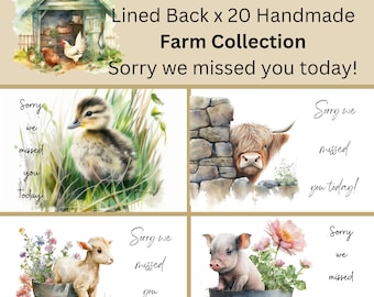 May include: A set of 20 A6 postcards with a satin finish and lined backs, featuring watercolour illustrations of farm animals including a duckling, a highland cow, a goat, and a piglet, with the printed text Sorry we missed you today!