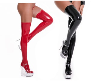 Faux Latex kousen, imitatie Latex leggings, rood zwart dij-hoog