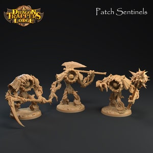 May include: Three beige fantasy figurines of Patch Sentinels, each with a unique weapon. One holds a scythe, another an axe, and the third a spiked club. The Dragon Trappers Lodge logo is in the upper left.