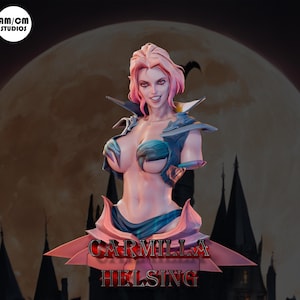 May include: A bust sculpture of a female vampire with pink hair and a dark blue and silver outfit. The sculpture is set against a backdrop of a full moon and a dark castle. The text "CARMILLA HELSING" is written on the base of the sculpture.