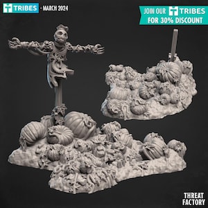May include: A 3D-printed model of a scarecrow with outstretched arms, surrounded by pumpkins and foliage. The model is part of a miniature scene, with the text "TRIBES - MARCH 2024" and "JOIN OUR TRIBES FOR 30% DISCOUNT" visible.
