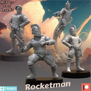 May include: Four grey plastic figurines of a character called "Rocketman" from the game "Across the Realms". The character is wearing a helmet and a futuristic outfit. The figurines are posed in different action poses.