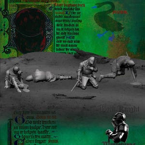 May include: A digitally created image showing miniature figures of knights in armour, some kneeling or fallen, set against a backdrop of medieval script and a green background. The words "Black Knight Miniatures" are visible.