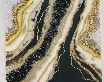 Black Gold Resin Geode Wall Art, 3D Crystal Epoxy Painting, Luxury Decor
