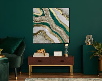 Green & Gold Resin Geode Wall Art: Crystal Epoxy Painting