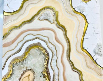 Peach white Resin Geode Wall Art, Crystal epoxy painting, luxury decor