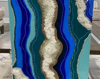 Blue & Green Resin Geode Wall Art: Crystal Epoxy Painting