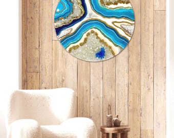 Ocean Blue Resin Geode Wall Art, Crystal Agate Textured Painting, Luxury Home Decor