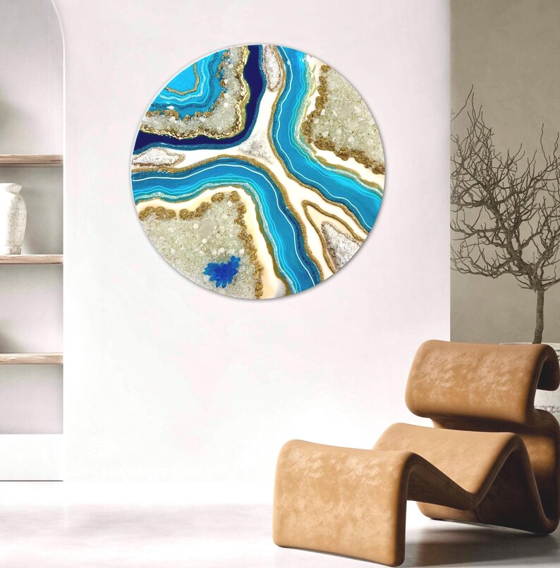 Ocean Blue Resin Geode Wall Art, Crystal Agate Textured Painting ...