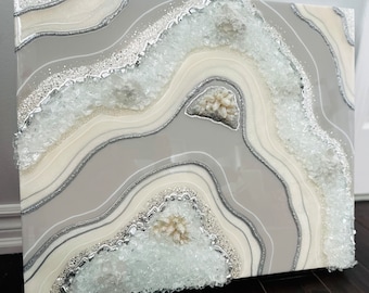 Custom Silver Grey Resin Geode Wall Art, Epoxy Luxury Decor, 3D Crystal Painting