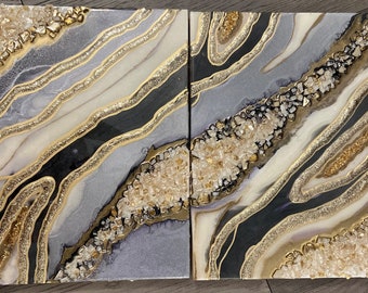 Custom Black & Gold Resin Geode Wall Art with Quartz Crystals
