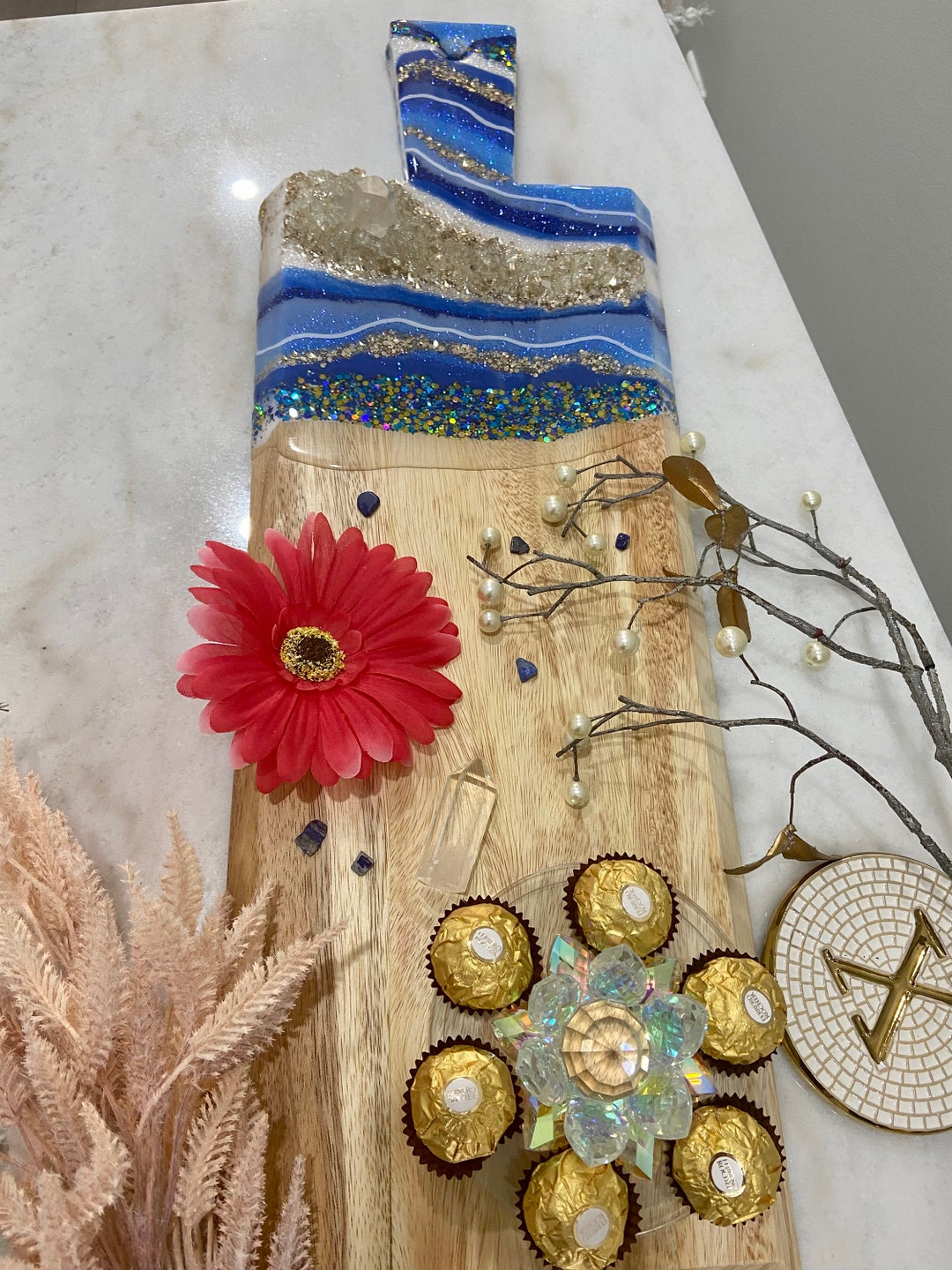 Resin Charcuterie Board/ Extra Large Blue and Gold Geode Charcuterie Board/ Resin Cheese Board ...