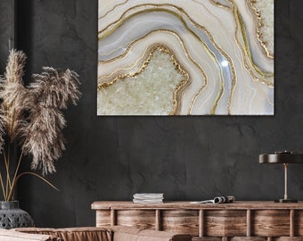 Custom White Gold Resin Geode Wall Art, Crystal 3D Painting, Luxury Abstract Home Decor