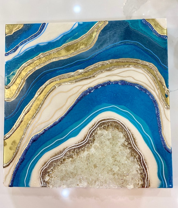 Blue Gold Resin Geode Wall Art Crystal Resin Painting Epoxy Resin