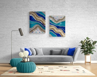 Large Turquoise & Gold Resin Geode Wall Art: 3D Crystal Epoxy Painting