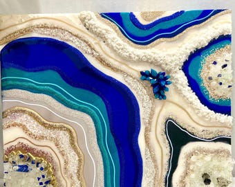 Handmade Turquoise Blue Resin Geode Wall Art - 22 Inch Round Crystal Gold Epoxy Decor