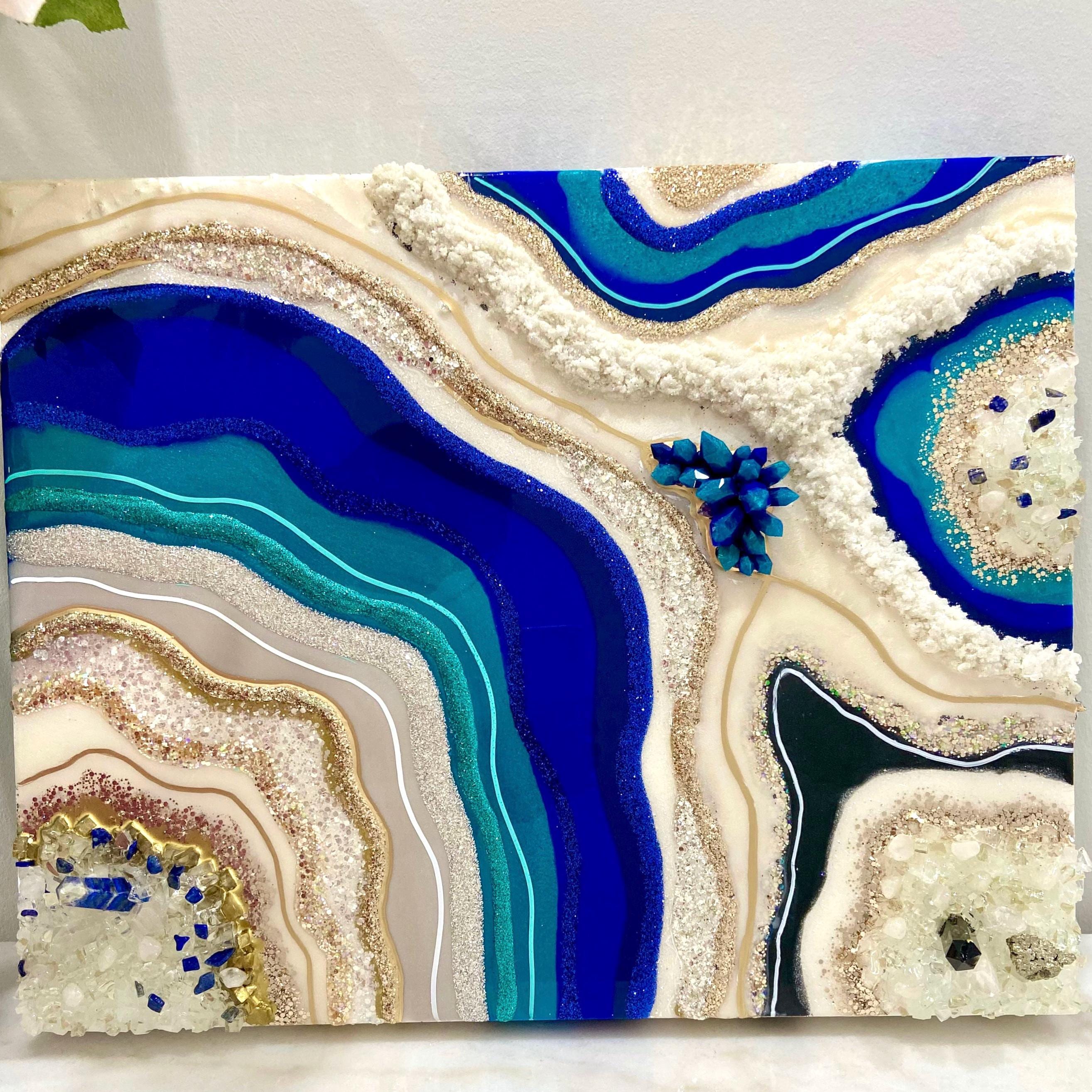 Handmade Turquoise Blue Resin Geode Wall Art - 22 Inch Round Crystal Gold Epoxy Decor