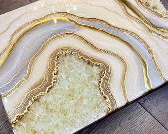 Custom White and gold Resin Geode Wall Art | Epoxy Resin Painting | Crystal Geode Artwork | Modern Luxury wall decor| Unique Home Gift