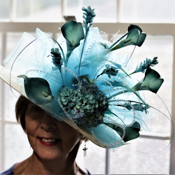 Derby Hat Cow Lilies Hydrangea Turquoise UNIQUE