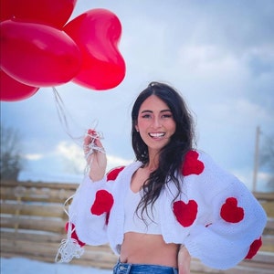 Valentines Day Heart Cardigan| Red Heart Women gift Cardigan  | Knit Oversized Cardigan | Gift for Women | Cropped Oversized Cardigan