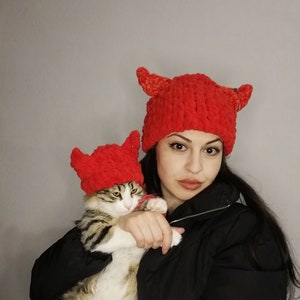 Cat and You Wear, Matching Cat, Cat Hat with Horn, Cat You Team, Cat Beanie, Winter Hat with Horn,  Beanies for Couple, Balaclava for cat,