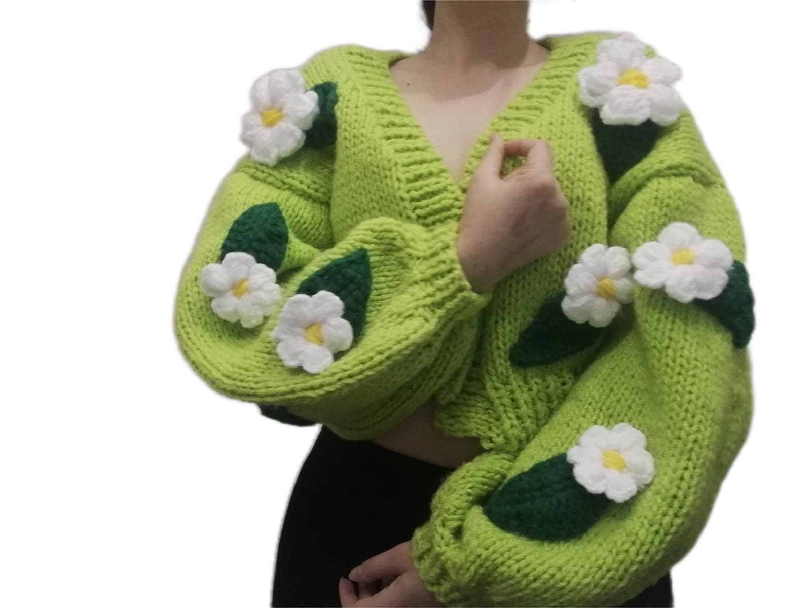 MisinaHandmade Green Daisy Cardigan | Lime Green Cardigan | Handmade Sweater | Oversize Lime Knit Cardigan | Oversized Crop Chunky, Leaf Knit Sweater