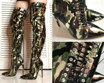 Handmade Luxury Genuine Leather Boots Thigh High Green gold Camouflage Army Print Metallic Crystal Lace up High Heel Stiletto Boots 37 US7 Etsy