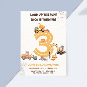 Construction Birthday Invitation | Editable 5x7 Digital Invite | Boys Construction Party | Dump Truck, Excavator Theme