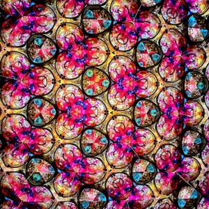 Internal view of the mesmerizing, ever-changing symmetrical patterns created inside the Yabaye kaleidoscope. Visual representation of the therapeutic and meditative optical experience.