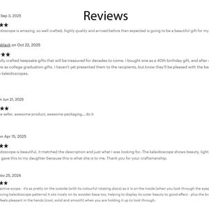 Customer reviews and ratings (five stars) for kaleidoscopes, with photos of the products