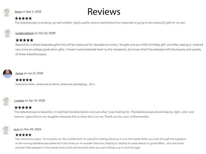 Customer reviews and ratings (five stars) for kaleidoscopes, with photos of the products