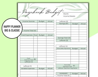 Paycheck Budget Printable, Greenery Biweekly Paycheck by Paycheck Budget Printout, Happy Planner Classic Inserts, Budget by Paycheck Tracker