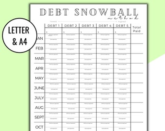 May include: A printable debt snowball method tracker with a black and white design. The tracker includes a section for each month of the year, with columns for five different debts, minimum payments, and extra payments. The tracker also includes a section for the total amount paid.