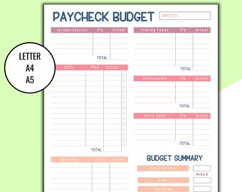 Paycheck Budget Printable, Modern Biweekly Paycheck by Paycheck Budget Printout, Budget by Paycheck Tracker, Letter A4 A5 Budget Inserts