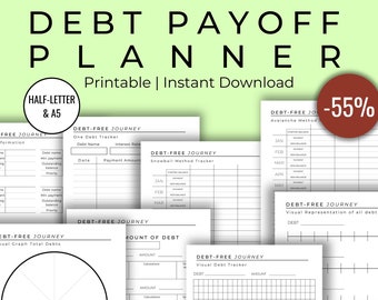 Puede incluir: Un planificador de pago de deudas imprimible con un diseño en blanco y negro. El planificador incluye un gráfico visual, un rastreador de deudas y un rastreador de viaje sin deudas. El planificador está disponible en tamaños de media carta y A5. El texto "DEBT PAYOFF PLANNER" está en la parte superior de la página. El texto "Printable | Instant Download" está debajo del título. El texto "HALF-LETTER & A5" está en un círculo en la parte superior izquierda de la página. El texto "DEBT-FREE JOURNEY" está en la parte superior de cada página. El texto "Avalanche Method" está en la parte superior de la página a la derecha. El texto "Snowball Method Tracker" está en la parte superior de la página a la derecha. El texto "Visual Debt Tracker" está en la parte superior de la página a la derecha. El texto "Visual Representation of all debt" está en la parte superior de la página a la derecha. El texto "-55%" está en un círculo rojo en la parte superior derecha de la página.