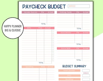 Paycheck Budget Printable, Modern Biweekly Paycheck by Paycheck Budget Printout, Happy Planner Classic Inserts, Budget by Paycheck Tracker