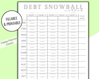 May include: A printable debt snowball method tracker with a black and white design. The tracker includes a section for each month of the year, with columns for minimum payment, extra payment, and total paid. The tracker also includes a section for each debt, with columns for the debt name, minimum payment, extra payment, and total paid.