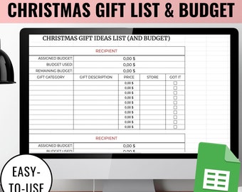 May include: A computer screen displaying a Christmas gift list and budget spreadsheet template. The spreadsheet has columns for recipient, gift description, price, store, and got it. The spreadsheet is titled "Christmas Gift Ideas List (and Budget)".