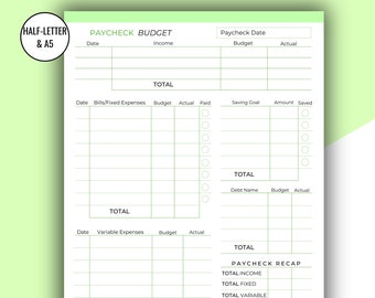 May include: A printable budget planner with sections for income, bills, savings, and debt. The planner has a green and white colour scheme and includes a section for a payslip recap.