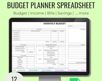 May include: A computer screen displaying a Google Sheets spreadsheet template for a monthly budget planner. The spreadsheet is divided into categories such as income, housing, utilities, transportation, debts, and savings/invest. The spreadsheet has 12 tabs, indicated by the number "12" and the word "TABS" in a circle at the bottom left of the screen. The Google Sheets logo is in the lower right corner of the image.