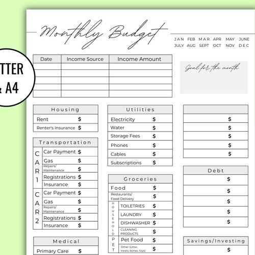 Monthly Budget Worksheet Download - Etsy
