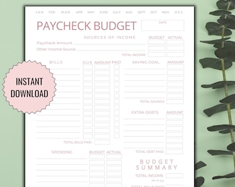Agenda stampabile con panoramica del budget dello stipendio, tracker del budget bisettimanale minimalista, modello PDF con lettera modello Budget by Paycheck, download istantaneo