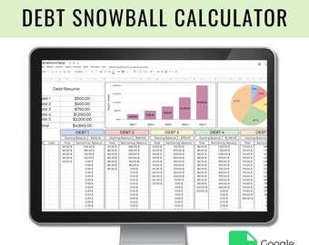 May include: A computer screen displaying a Google Sheets spreadsheet with a debt snowball calculator. The spreadsheet includes a debt resume, a chart showing the amount of debt, and a pie chart showing the percentage of each debt. The spreadsheet is titled "Debt Snowball Calculator". The text "Conquer your debts TODAY!" is displayed below the computer screen.