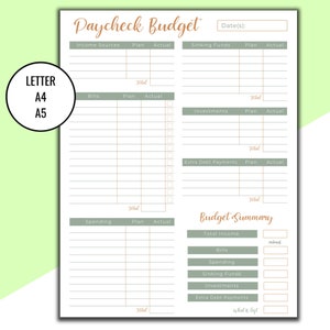 May include: Printable budget planner with sections for income sources, bills, spending, sinking funds, investments, and extra debt payments. The planner includes a budget summary section to track total income, expenses, and what is left.