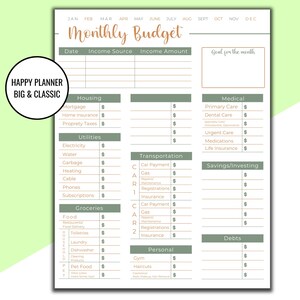 May include: A printable monthly budget planner with categories for housing, utilities, transportation, groceries, personal, medical, savings, investing, and debts. The planner has a green and brown color scheme and includes a section for a monthly goal.