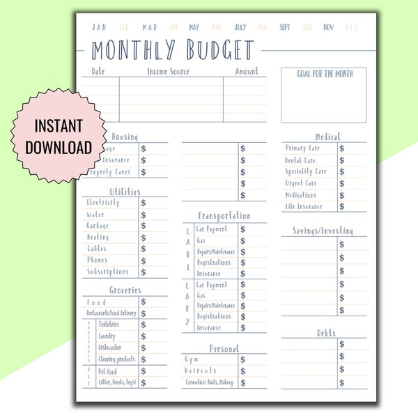 Monthly Budget Printable, Monthly Budget Printout Template, Minimal Monthly Budget Sheet, Letter Monthly Money Tracker Print, Budget Planner