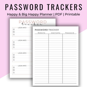 May include: Printable password tracker with a pink and white color scheme. The tracker has sections for website, username, and password. The text "PASSWORD tracker" is at the top of the page.